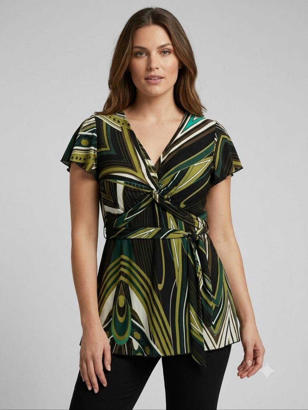 Penningtons Green Geometric Print Twist-Front Top size X